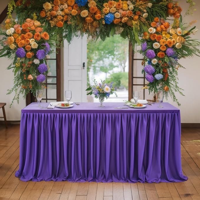 12ft Purple Table Skirt for Rectangle Tables Polyester Table Skirt Desk Skirts Ruffle Table Skirt Cloth for Birthday Party Banquet Purple Theme Party Wedding Bridal Shower Table Skirts - Image 7