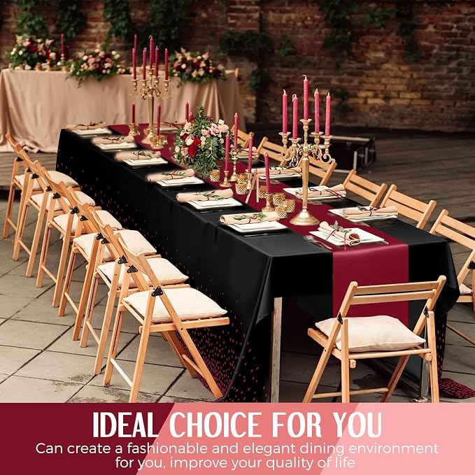 8 Pack Black and Maroon Tablecloths and Satin Runners Set | 54x108 Inch Disposable Tablecloth and 12x108 Inch Satin Runners for Wedding Birthday Party Baby Shower Christmas New Year - Image 7