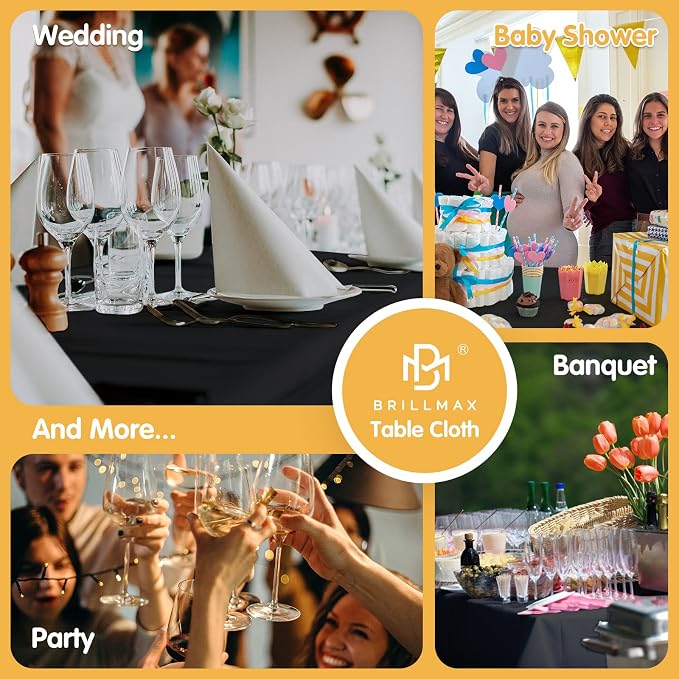 BRILLMAX 10 Pack Black Tablecloths 60x126 Inch for 8ft Rectangle Tables | 150 GSM Polyester Fabric, 15" Standard Drop, Water, Stain & Wrinkle Resistant Cloth Cover for Wedding Reception Banquet Party - Image 9