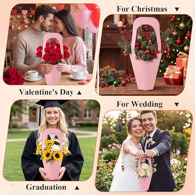 Gilprop 1 Packs Kraft Paper Flowers Gift Bags with Handle Flowers Bouquet Holder for Wedding, Valentines Day Decoration, Florist Shop (Pink) - Image 7