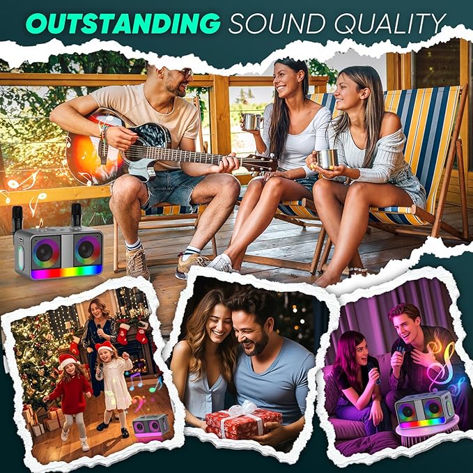 Karaoke Machine,Real 35W Portable Speaker,8H Long Time, 2Rechargeable Wireless Microphones,LED,Karaoke Machine for Adults & Kids,BT/FM/USB/TF/AUX,for Home Party/Outdoors(CHJ171-SilverGray)