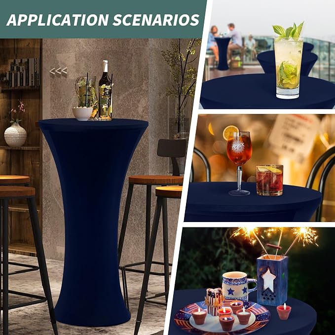 Wolkemer 4PCS 32x43 Inch Fitted Cocktail Tablecloth, Cocktail Table Cover | Navy Blue Round Cocktail Table Cloth, Highboy Stretch Spandex Table Cover for Bar Party Pub Wedding Banquet Indoor Outdoor - Image 6