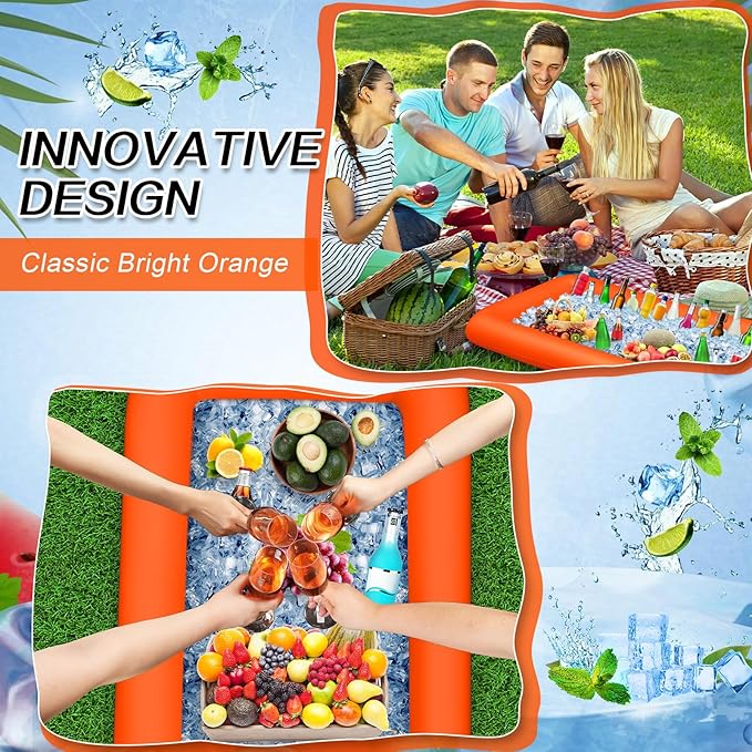 Leitee Inflatable Serving Bar with Drain Plug 52 x 24 x 5'' Inflatable Ice Serving Buffet Bar for Party Food Cooler Buffet Drink(Orange,Basic Style)