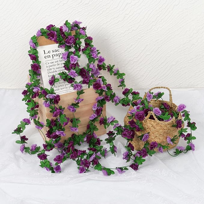 5 Pack 40 FT Artificial Flower Garland Fake Purple Roses Vines Silk Flowers | KHOYIME Faux Plastic Outdoor Hanging Floral Ivy Garland Decorations for Wedding Arch Bedroom Home Wall Backdrop Room Decor - Image 7