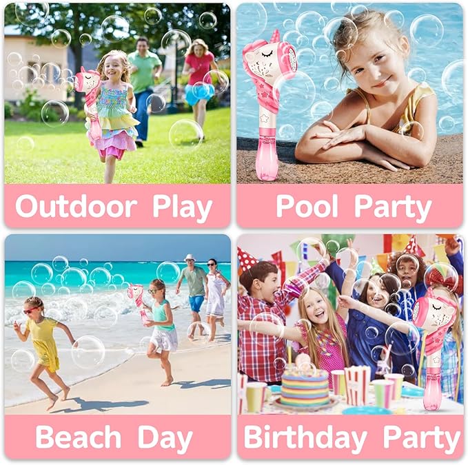 Unicorn Bubble Machine Wand Gifts for Kids Toddlers Age 1 2 3 4 5 6 7 8 Years Old Birthday Party Unique Cute Baby Outdoor Outside Summer Toy Easter Day Game for Little Girl Boy Include Solution Pink