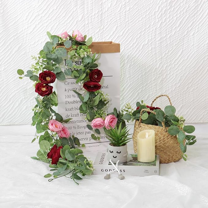 TOCHGREEN 4 Pack Artificial Eucalyptus Flower Garland with Red Pink Roses | Fake Rose Flower Greenery Garland Floral Vines for Wedding Centerpiece Backdrop Home Party Table Runner Valentines Day Decor - Image 7