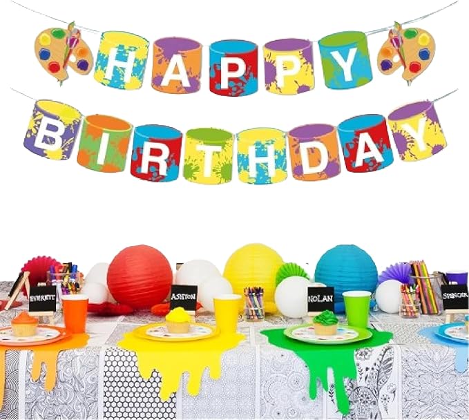 Art Happy Birthday Banner, Sip n Paint Party Sign, Little Painting Artist Decorations Theme Supplies