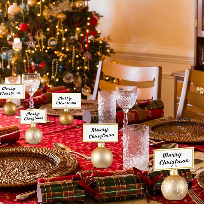 Civaner 24 Pcs Christmas Ornament Place Card Holders and Name Cards Set | Gold Glass Ball Table Number Stand, Sign Holder for Xmas Winter Wedding Anniversary Birthday Party, 1.6 Inch - Image 6