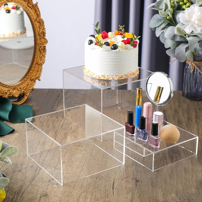 Bucherry 6 Pcs Acrylic Display Risers Acrylic Boxes Acrylic Display Nesting Cubes 5 Sided with Hollow Bottoms Display Stand Shelf for Cosmetics Food Collectibles Jewelry Figures Show (Clear) - Image 7