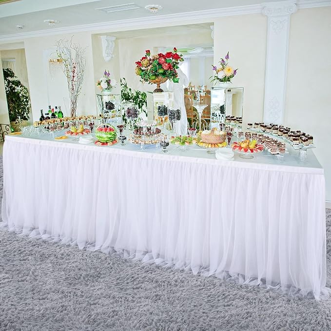 96in White Tulle Table Skirts for Rectangle Tables 8/6/4ft, 2-Layer Gold Grim Ruffle Tulle Tutu Cloth Table Skirt 8ft Long for Wedding Birthday Party Baby Shower Cake Dessert Tables(No Table Cover) - Image 8