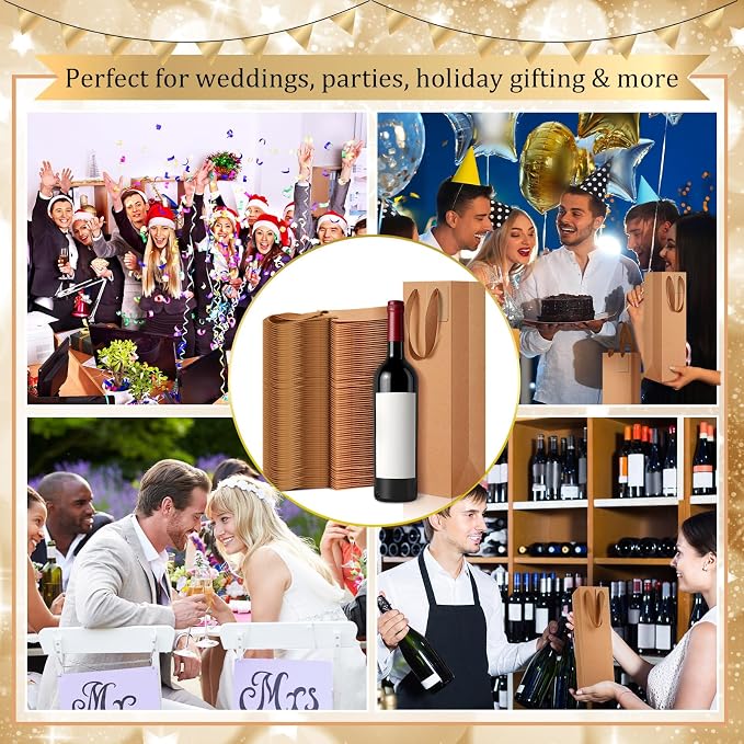 Windyun 100 Pack Wine Gift Bag Wine Tote Bags Bulk 3.9 x 3.5 x 13.8 Inch Kraft Paper Bag with Handles for Small Business Present Wedding Party Supplies (Kraft) - Image 7