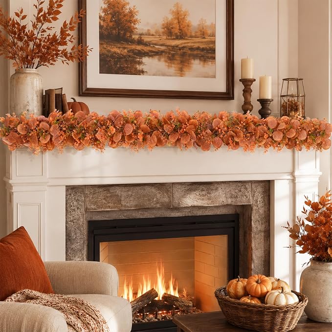 8Pack Eucalyptus Garland, Fall Artificial Eucalyptus Garland with Flowers | Orange Silk Greenery Garland Faux Silver Dollar Fake Ivy Vines for Rustic Wedding Arch Table Runner Mantel Wall Hanging Decor - Image 7