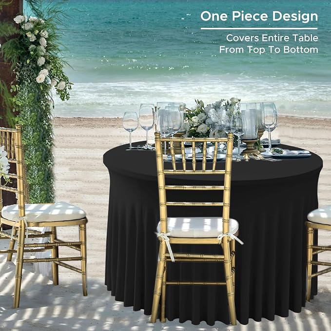 Fitted Black Spandex Table Skirts for Wedding Party,60 Inch Round,4 Pack | Spandex Table Covers, For 5 Ft Wedding Cake Tables, Wrinkle Resistant, Ruffle Design Banquets, Baby Showers, Parties - Image 8
