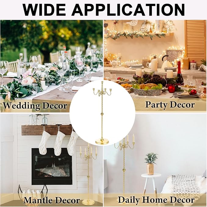 42.7 Inch Floor Candelabra Candle Holder Set of 2, 5 Arms Gold Candlestick Holders, Tall Candelabras Centerpiece for Taper Candles, Metal Standing Candlesticks for Wedding Birthday Party Home Decor