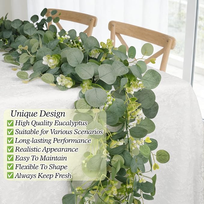 HUZIYAHAN Eucalyptus Garland Faux Silk Leaf Silver Dollar Artificial Greenery Fake Eucalyptus Leaves Garlands for Table Wedding Party Indoor Outdoor Arch Wall Mantle Room Home Decoration (1, 5.5 FT) - Image 9