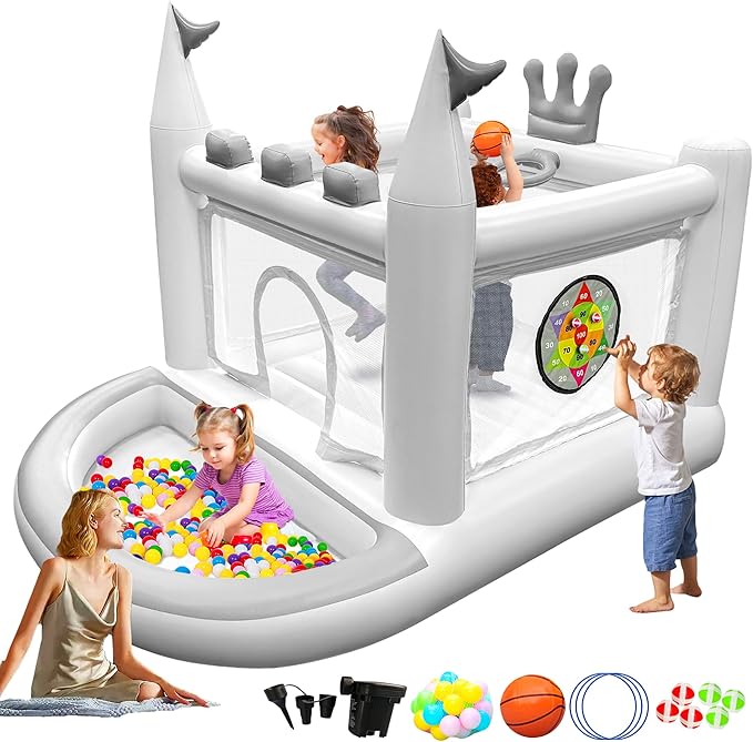 Inflatable Bounce House for Kids Ages 3-8, 5 in 1 Small Bouncy Castle Outdoor, Jumper, Ball Pit, Basketball Hoop, Rings, Target Game Pump Included, White
