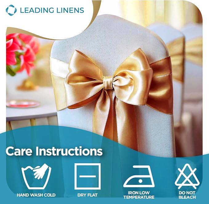 Leading Linens 150 pcs Gold 108"x8" Satin Bow Sash Chair Cover Decoration | Elegant satin chair bow sashes, perfect for weddings, receptions, banquets, & parties. Reusable & washable. - Image 6