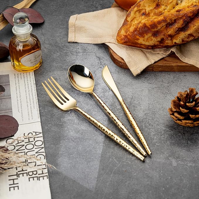 SUT 300PCS Gold Plastic Silverware, Gold Plastic Utensils, Heavy Duty plastic Silverware, Includes:100 Knives, Forks and Spoons, Birthday, Wedding, Hammered silverware Set