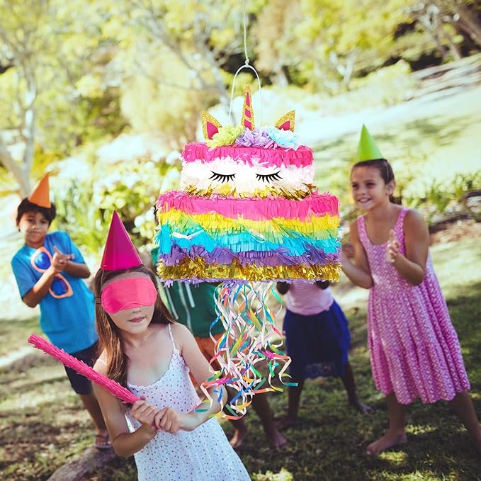 WERNNSAI Unicorn Cake Piñata Foldable - Unicorn Party Decorations Pink Girl Birthday Party Games Princess Pinata with Blindfold Bat and Tassels Happy Birthday Supplies for Kids Girls Classroom Game