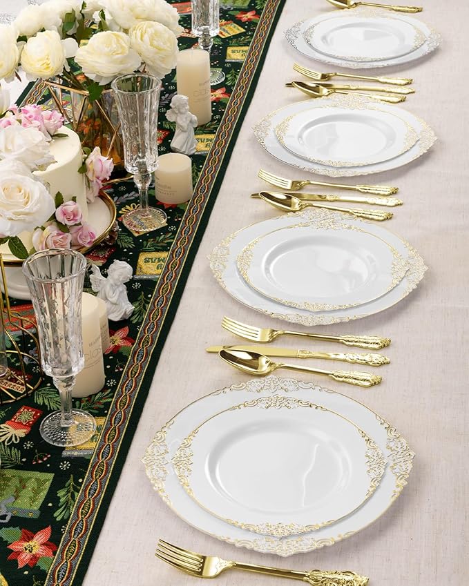 Goodluck 75 Pack Gold Plastic Silverware Set – Heavy Duty Disposable Cutlery, Includes 25 Forks, 25 Spoons, 25 Knives, Elegant Vintage Design for Weddings, Parties, Thanksgiving, and Daily Use