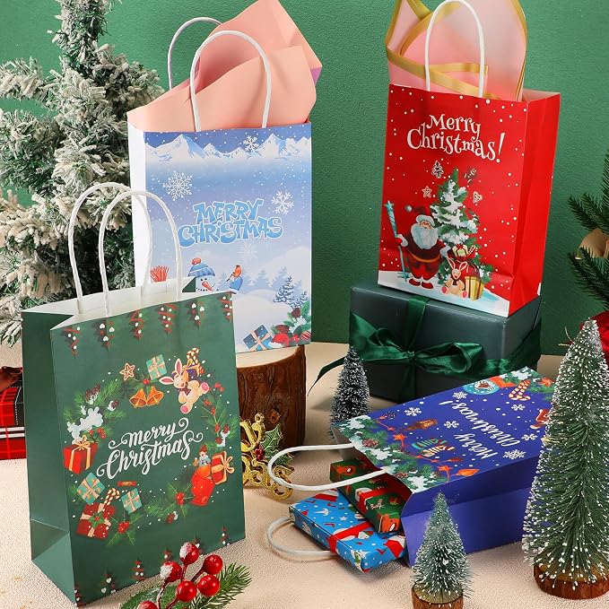Cholemy 100 Christmas Gift Paper Bags Bulk with Handles Paper Treat Bags Winter Xmas Tree Santa Snowman Kraft Bag Snowflake Reusable Grocery Goodie Bags for Party Favor Holiday Present Wrapping Gifts - Image 6