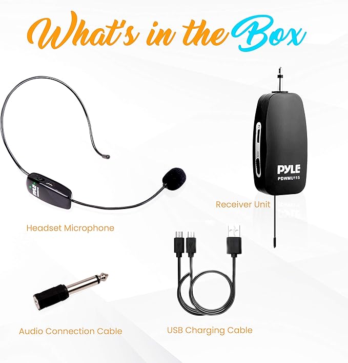 Pyle UHF All-Purpose Wireless Microphone System - Portable Professional Cordless Microphone Wireless Mic Kit w/ Headset Mic, Receiver Unit - Karaoke, Conference, DJ Party - Pyle PDWMU115
