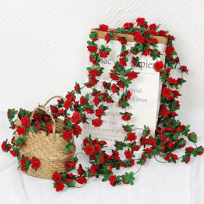 18 Pack 144 FT Artificial Flower Garland Fake Red Roses Vines Silk Flowers | KHOYIME Faux Plastic Outdoor Hanging Floral Ivy Garland Decorations for Wedding Arch Bedroom Home Wall Backdrop Room Decor - Image 7
