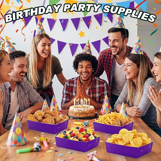 Uiifan 50 Pcs 5 lb Extra Large Paper Food Trays Disposable Food Boat Nacho Plate Serving Snack Trays Grease Resistant Self-assembly for Back to School Party Birthday Wedding Supply (Purple) - Image 7