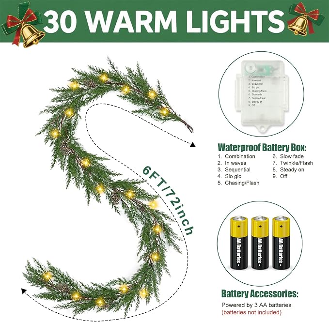 Artgar Christmas Cedar Garland, 6 Ft Prelit Christmas Garland | Realistic Pine Garland with 30 Warm Lights with 8 Light Modes for Mantel Stair Table Indoor Outdoor Winter Xmas Decor (Green) - Image 8