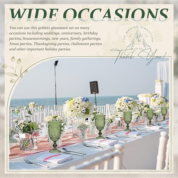 48 Pcs Plastic Goblets 7.5oz Vintage Goblet Plastic Wine Glasses Colored Retro Embossed Water Goblets for Wine Bar Juice Baby Shower Wedding Reception Grand Event Party (Olive Green)