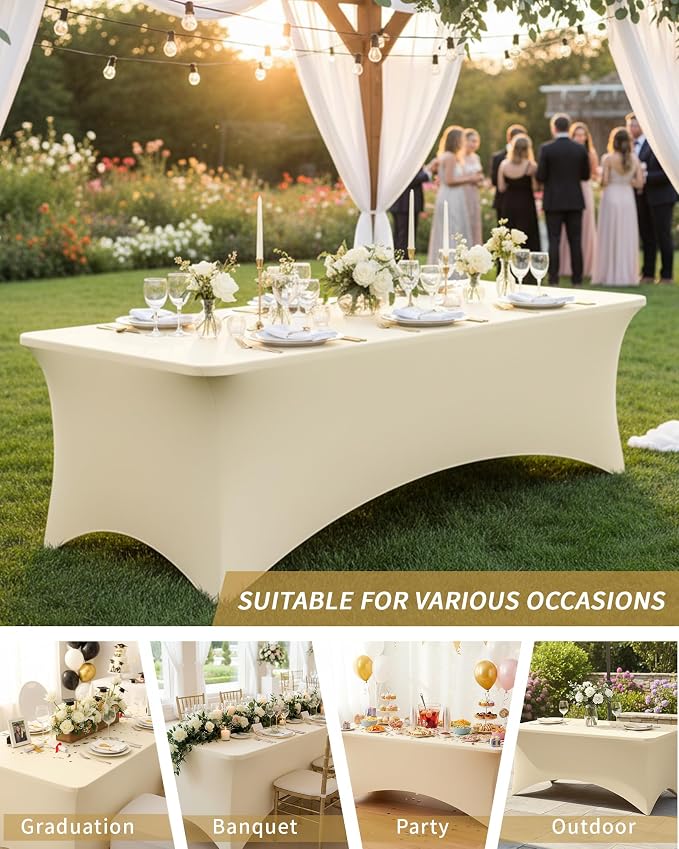 Fixwal 3 Pack 8FT Ivory Tablecloth Rectangle Spandex Fitted Table Cover - Image 7