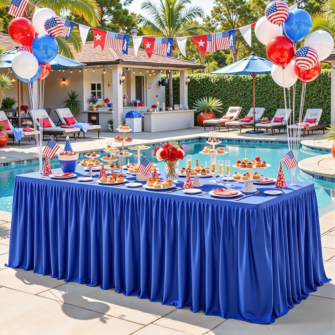 PARTISKY 2 Pack Royal Blue Tablecloths for Rectangle Tables 8ft, Wrinkle Resistant Spandex Table Cover Fitted Stretch Table Cloth with Pleated Ruffle Skirts for Party Banquet Dining Birthday Wedding - Image 9