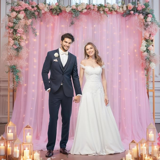 20ft x 10ft Pink Backdrop Curtain with Lights String for Parties, Sheer Tulle Wedding Photo Backdrops Drapes for Baby Shower Birthday Party Decorations Background for Photography - Image 7
