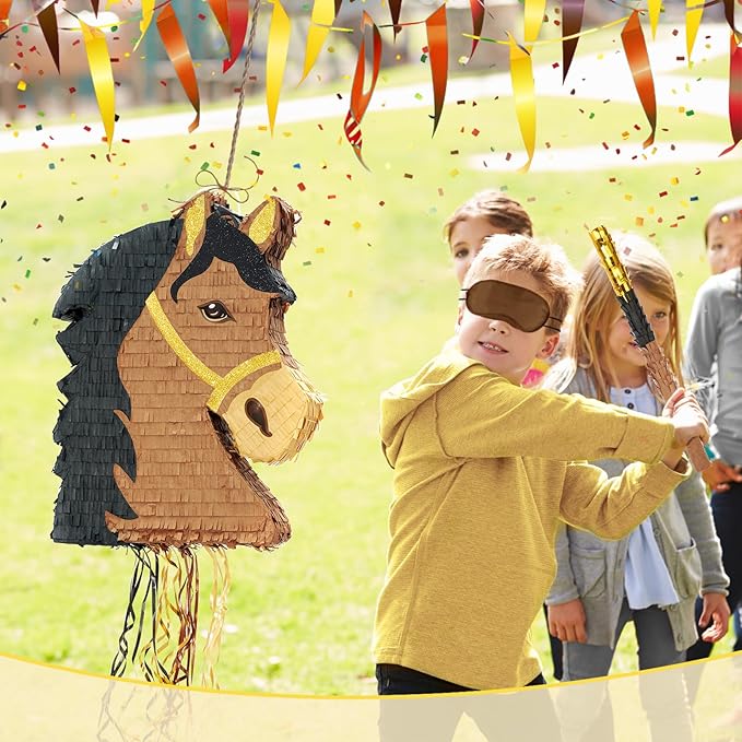 WERNNSAI Horse Piñata - Brown Horse Party Decorations Hanging Cowboy Piñata with Blindfold and Bat Western Cowboy Party Favors for Kids Boys Classroom Activities Game