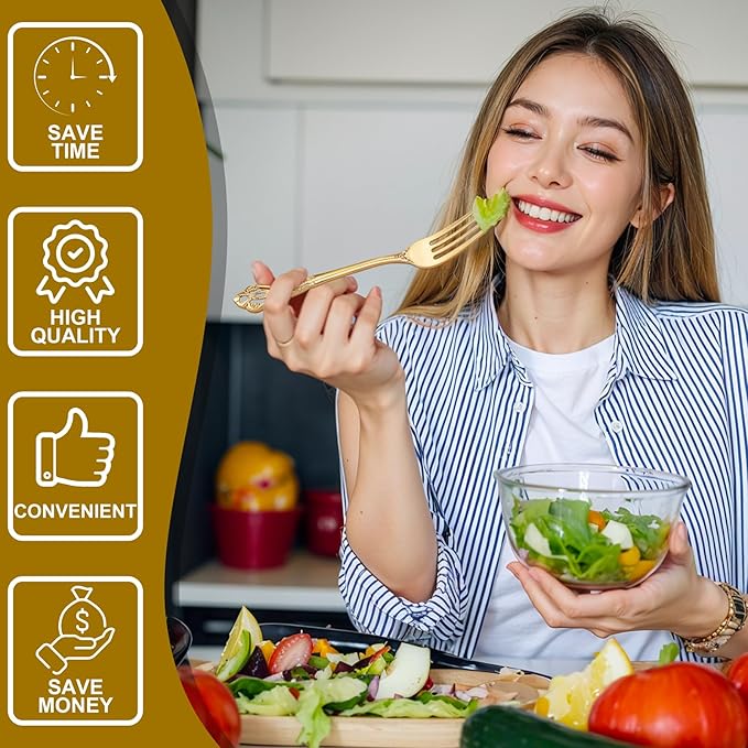 200PCS Gold Plastic Silverware - Heavy Duty Elegant Disposable Utensils - Gold Plastic Cutlery Set Includes 100Forks, 50Spoons, 50Knives for Dinner, Parties, Weddings