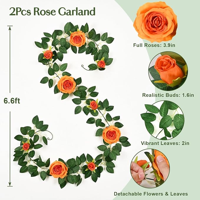 2Pcs Flower Garland with Lights, 13.2Ft Realistic Floral Garland, Orange | Full Fake Flowers Vines, Vibrant Silk Long Rose Garland for Wedding Party Table Runner Backdrop Home Outdoor Decor - Image 9