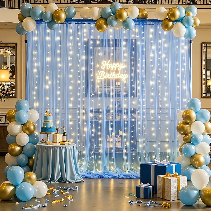 20ft x 12ft Baby Blue Tulle Photo Backdrop Curtain with Lights String for Parties Wedding Sheer Light Blue Curtain Backdrop for Baby Shower Boy Birthday Party Gender Reveal Photo Booth Background - Image 3