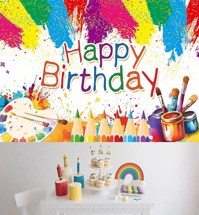 Art Painting Birthday Party Backdrop Art Paint Happy Birthday Banner Graffiti Photography Background for Artist Theme Party Supplies 70.8 x 47.2 Inch