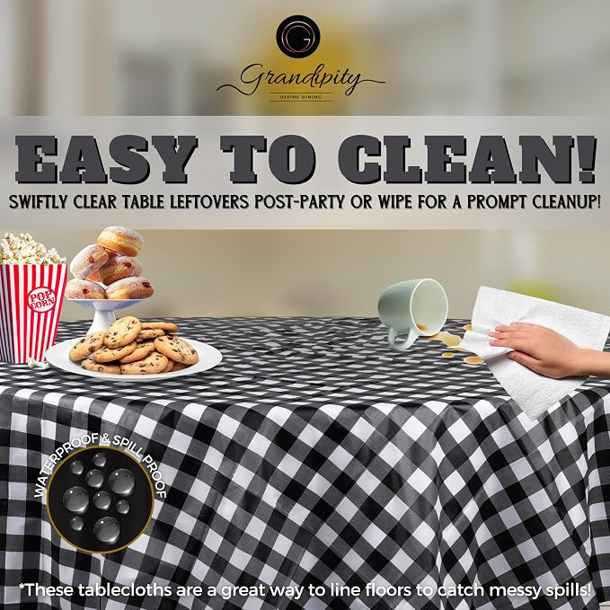 Grandipity Black Checkered Gingham 72 Pack Premium Disposable Plastic Tablecloth 84" Inch Decorative Round Checkered Racing Flag Table Cover - Image 7