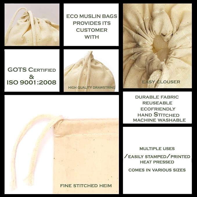 5x7 Inches Natural Cotton Reusable Produce Muslin Bags – Multipurpose Drawstring Storage Pouch for Everyday Use (50) - Image 5