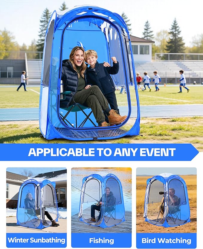 Sportneer XL Transparent Sports Tent, 46" L x 46" W x 63.5" H 3-Side Clear TPU Pop-Up Shelter for 1 Adult & 1 Kid, All-Weather Warm Pod, Portable Windproof & Rain Protection for Outdoor Games
