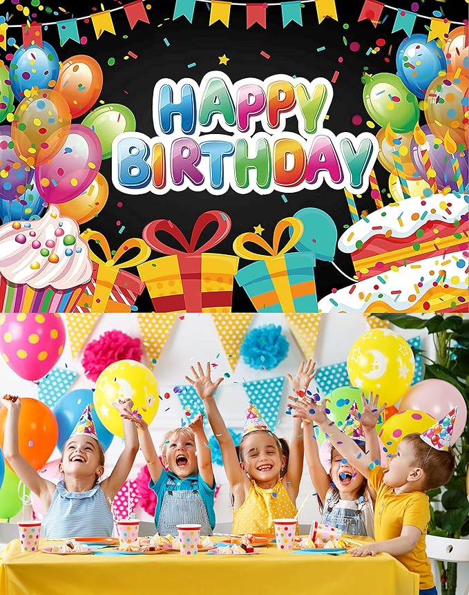 Balloon Cake Birthday Party Backdrop Black Colorful Happy Birthday Banner Balloon Cake Photography Background for Home Decorations Party Supplies 70.8 x 47.2 Inch