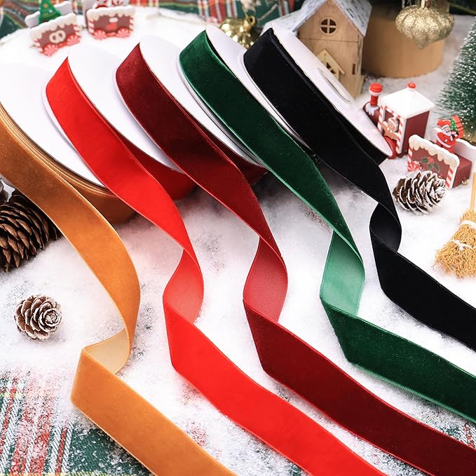 1" Burgundy Velvet Ribbon, 10 Yards Roll – Premium Flocked Velvet Fabric Trim for Christmas Gift Wrapping, Holiday Décor, Wreaths, Bows & DIY Craft Projects
