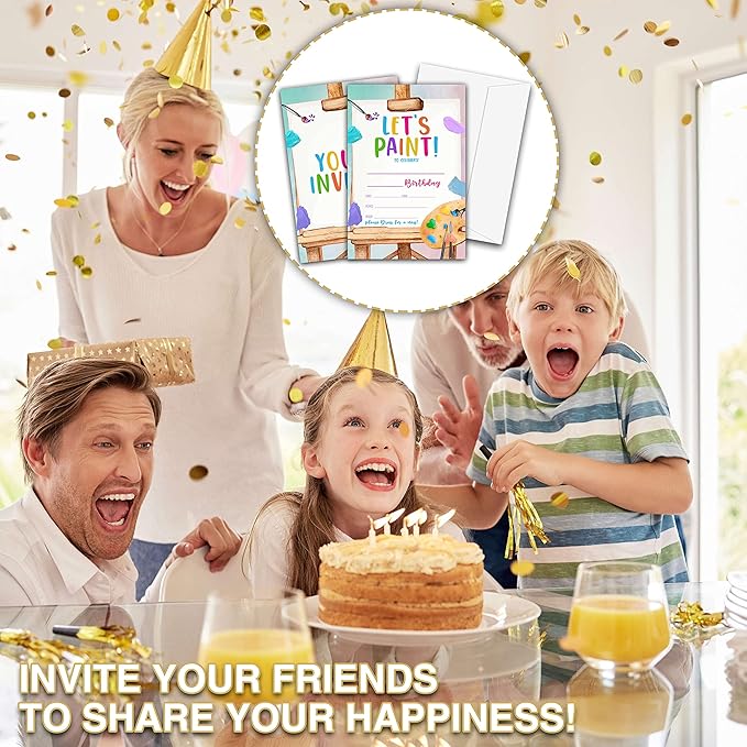 Art Birthday Party Invitations, Let's Paint Birthday Invitation, Double-Sided Fill In Invites, Painting Birthday Party Decorations, 20 Cards With 20 Envelopes(D12)