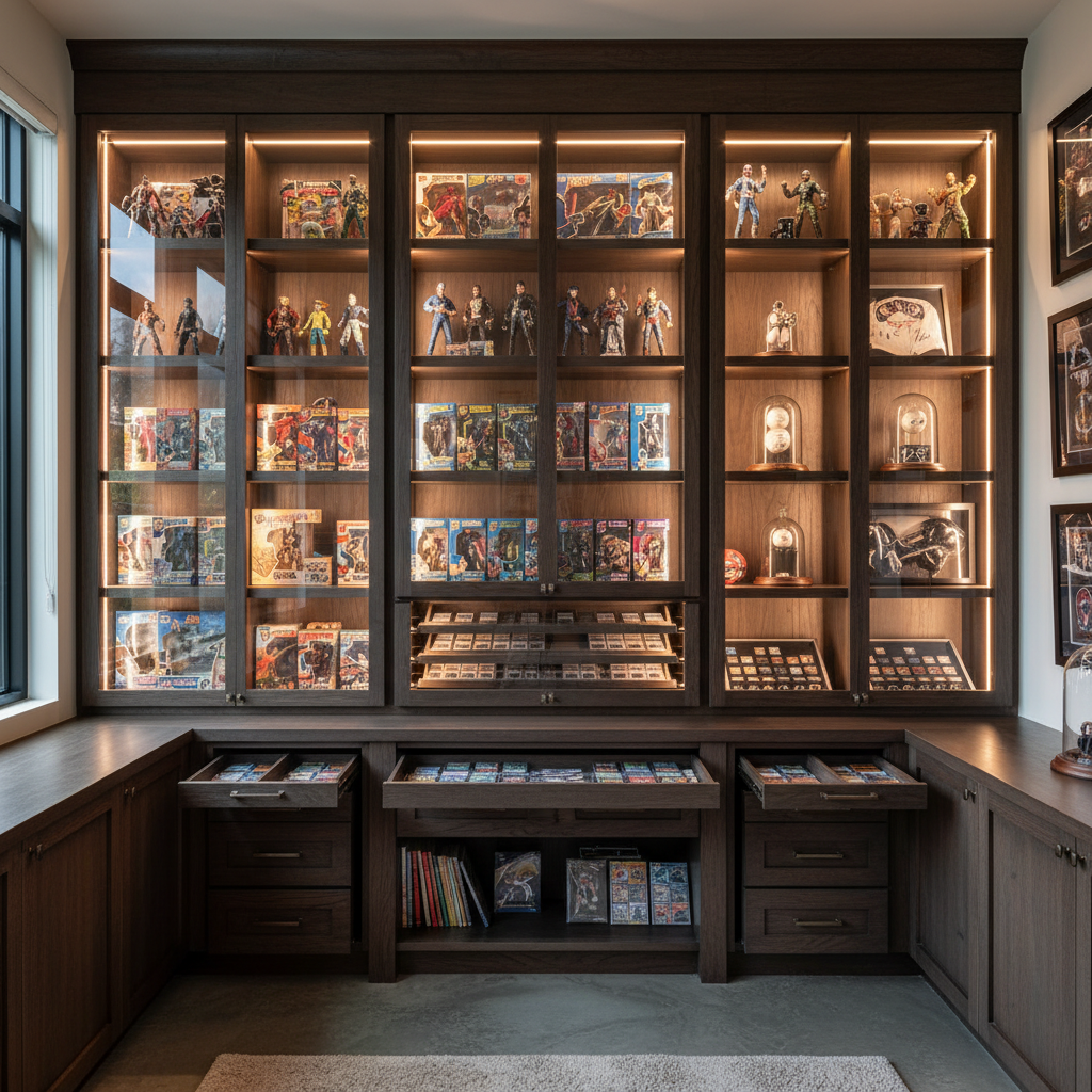 Collectible display and storage solutions including cases, shelves, and organizers to showcase and protect treasured items