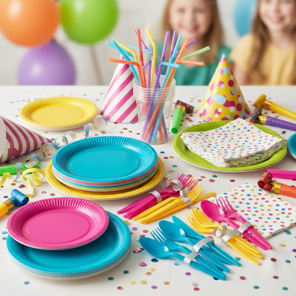 Disposable party supplies including single-use plates, cups, cutlery, and tableware for easy cleanup and convenient entertaining