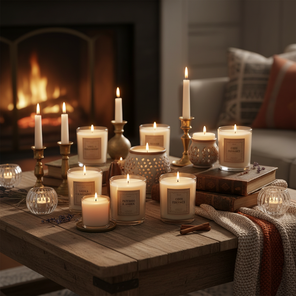Candles and holders including scented candles, decorative candleholders, and ambient lighting accessories for warmth and atmosphere