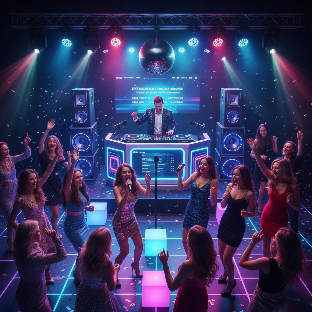 DJ equipment and karaoke systems including sound systems, microphones, and audio gear for entertaining performances and parties