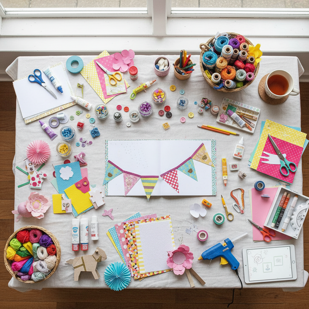 Crafting supplies and materials including tools, adhesives, and creative essentials for DIY projects and handmade creations