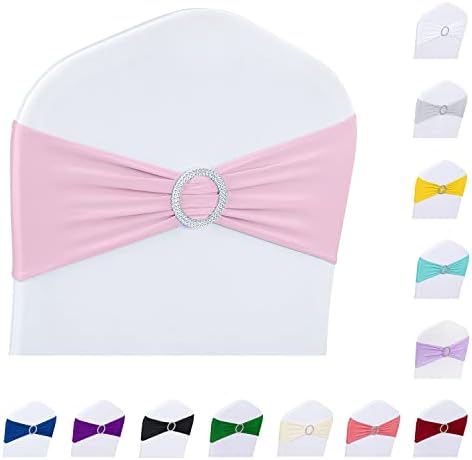 ManMengJi Chair Sashes, Light Pink Spandex Sashes Bows 25PCS, Chair Cover Bands with Buckle Slider for Banquet, Party, Hotel Event Decorations - Image 5